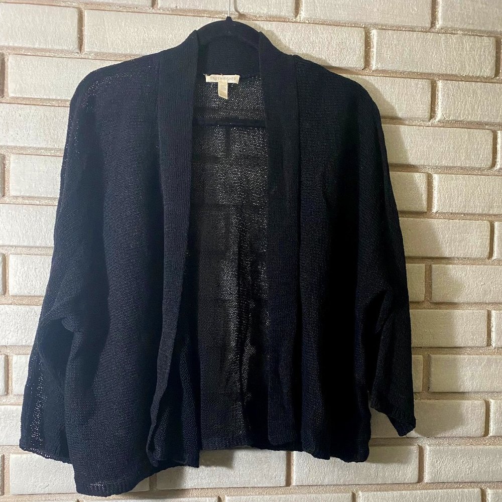 Eileen Fisher: Stretch Jersey Knit Open Front Black Cardigan
